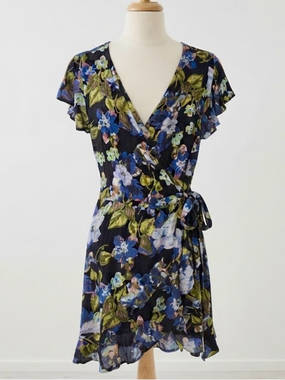 Anthropologie| ANGIE| Black Floral Wrap Dress w/Blue & Green Accents Sz XS
